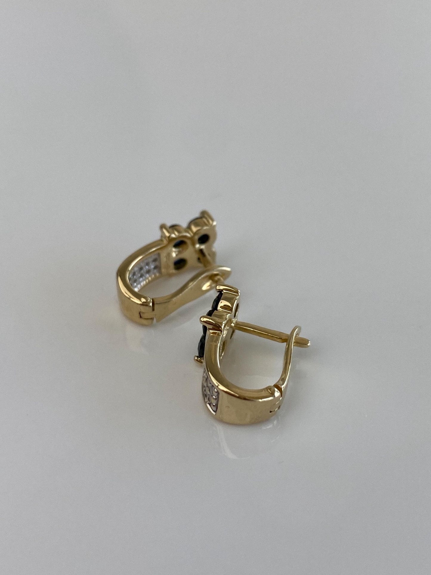 Vintage Solid 14k Yellow Gold Diamonds Blue Spinel Flower Drop Earrings
