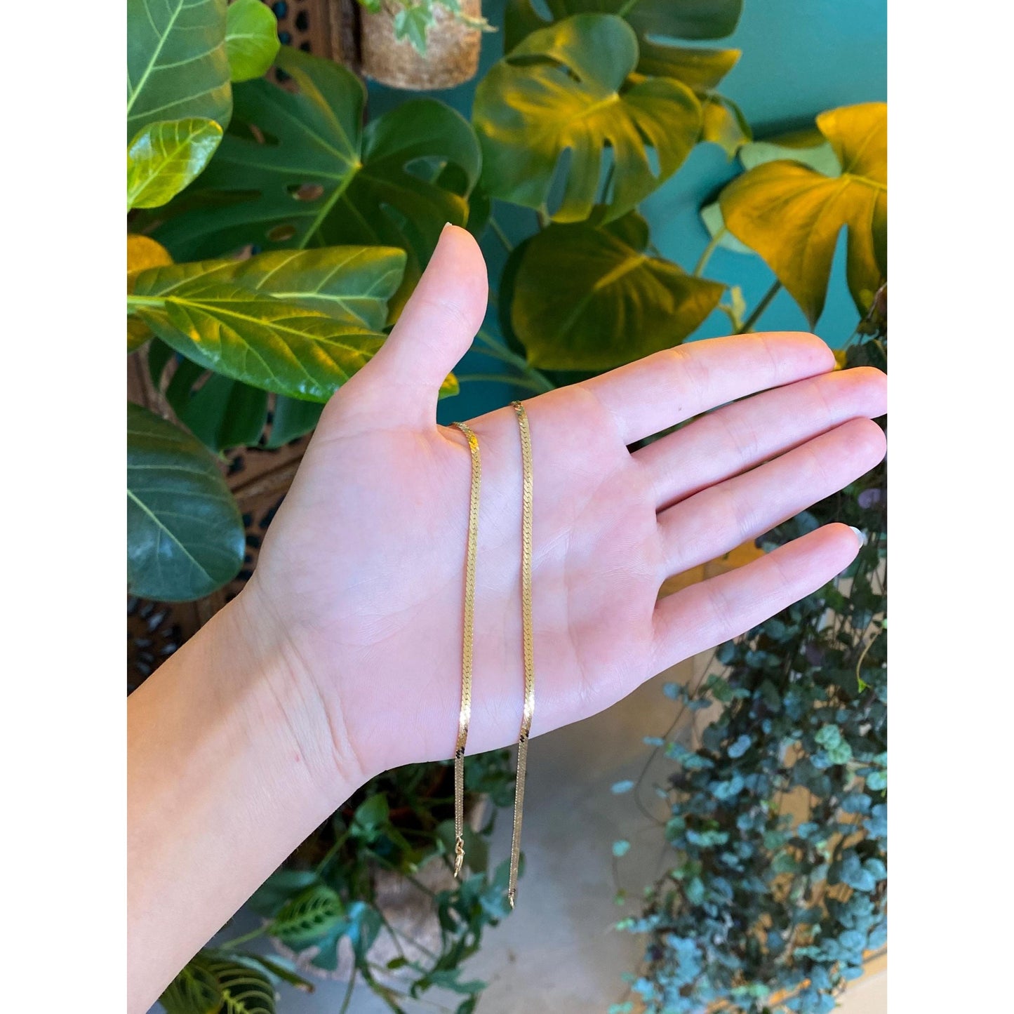 Vintage Solid 14k Yellow Gold Dainty Herringbone Chain Necklace - 18 inches