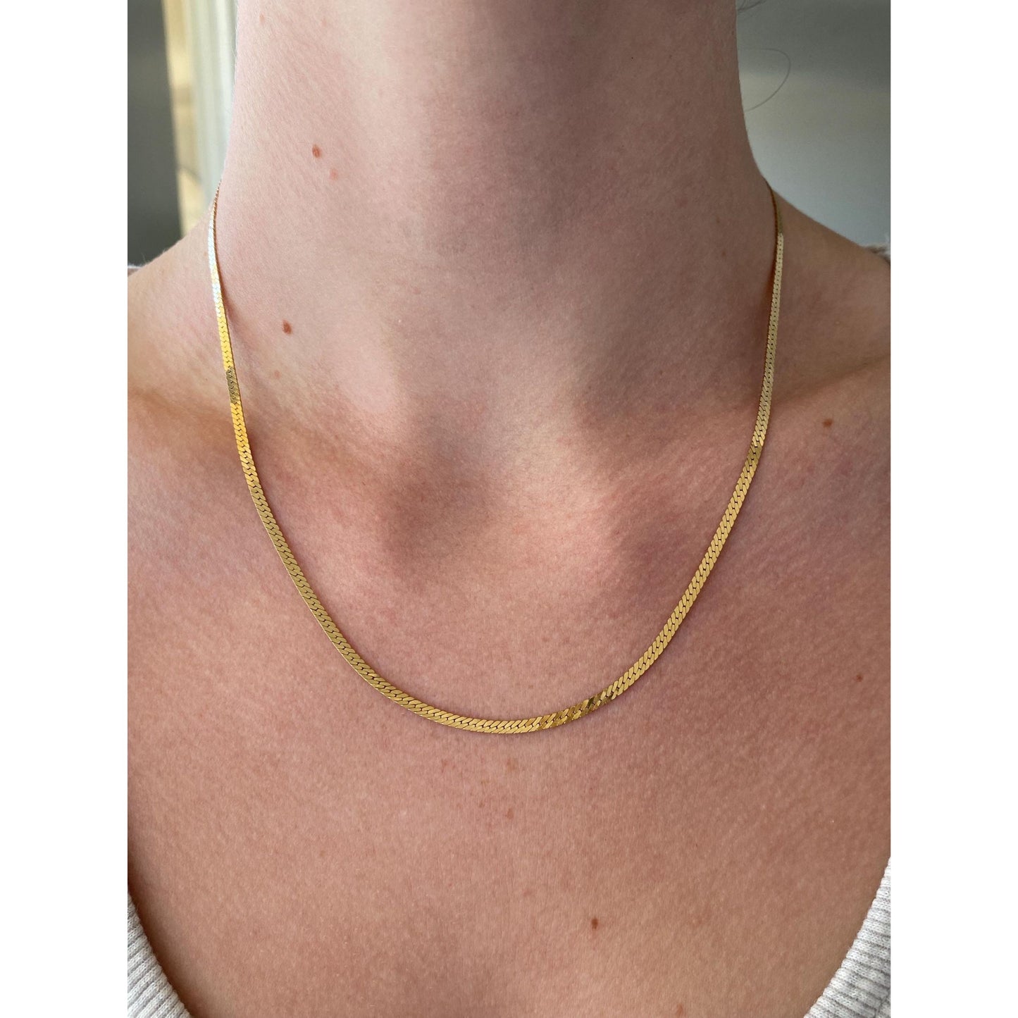 Vintage Solid 14k Yellow Gold Dainty Herringbone Chain Necklace - 18 inches