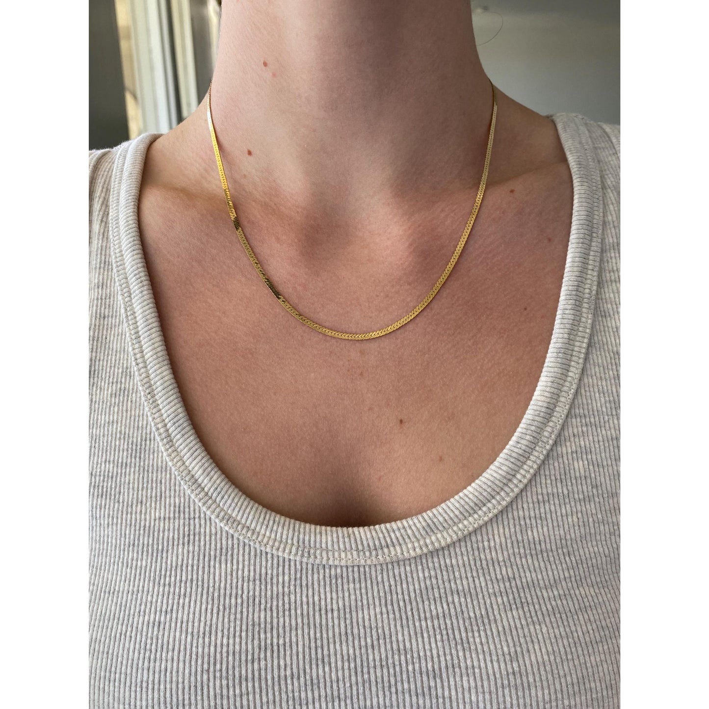 Vintage Solid 14k Yellow Gold Dainty Herringbone Chain Necklace - 18 inches
