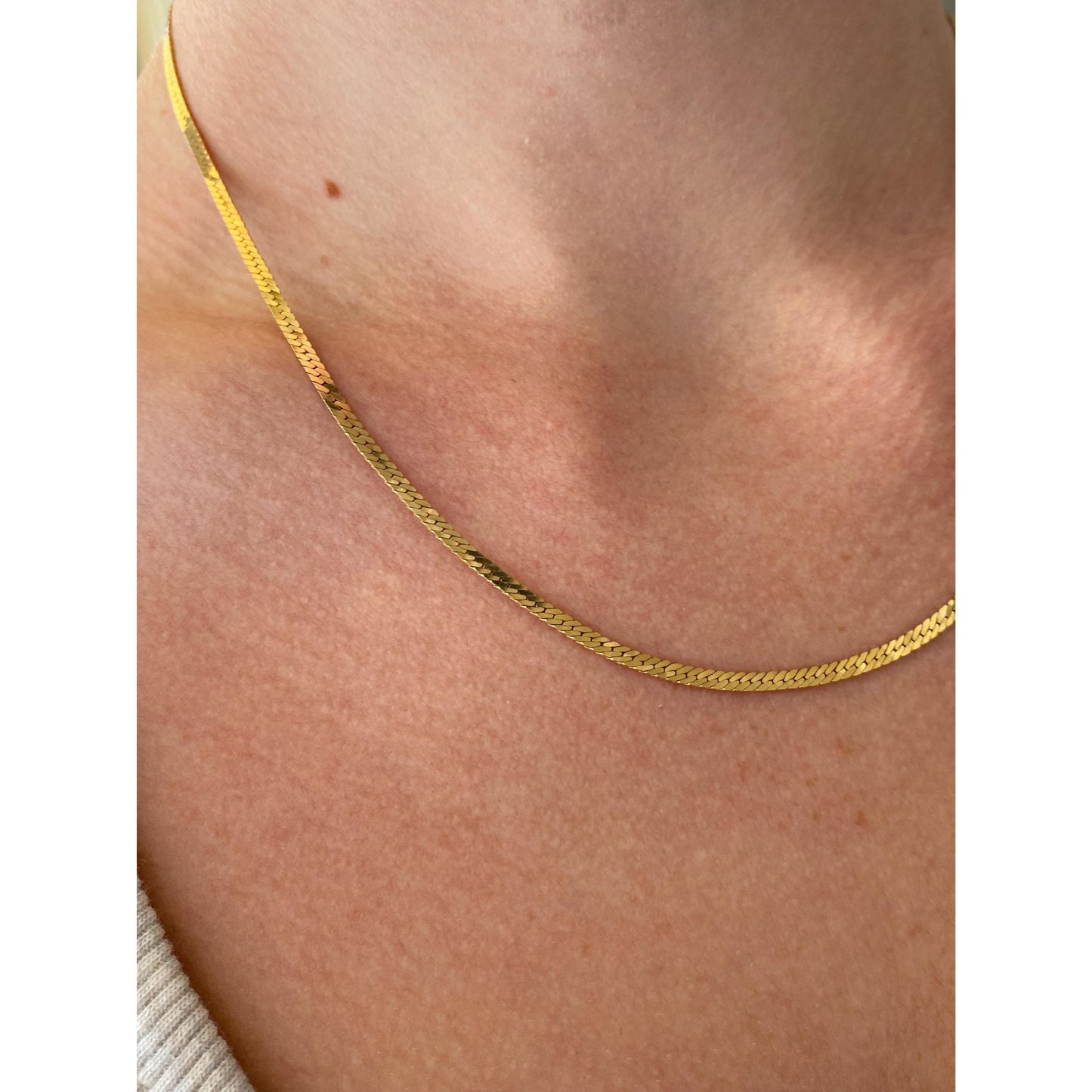 Vintage Solid 14k Yellow Gold Dainty Herringbone Chain Necklace - 18 inches