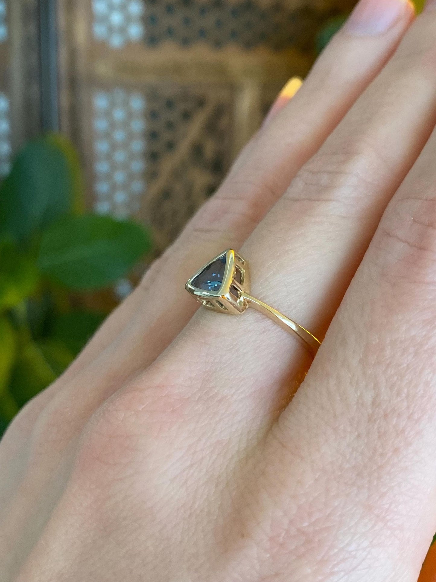 Vintage Solid 14k Yellow Gold Topaz Triangle Ring - Size 6