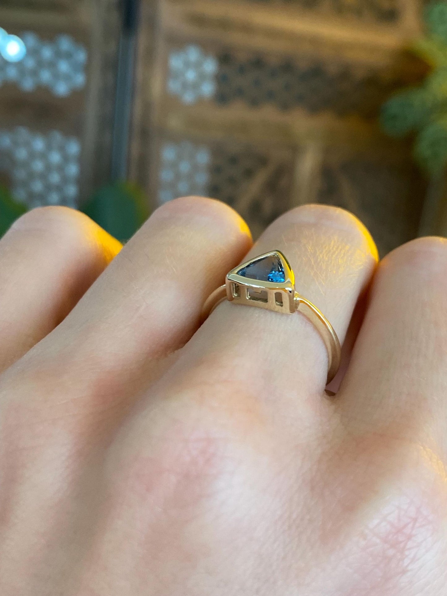 Vintage Solid 14k Yellow Gold Topaz Triangle Ring - Size 6