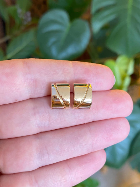 Vintage 18k White & Yellow Gold Wide Hoop Stud Earrings
