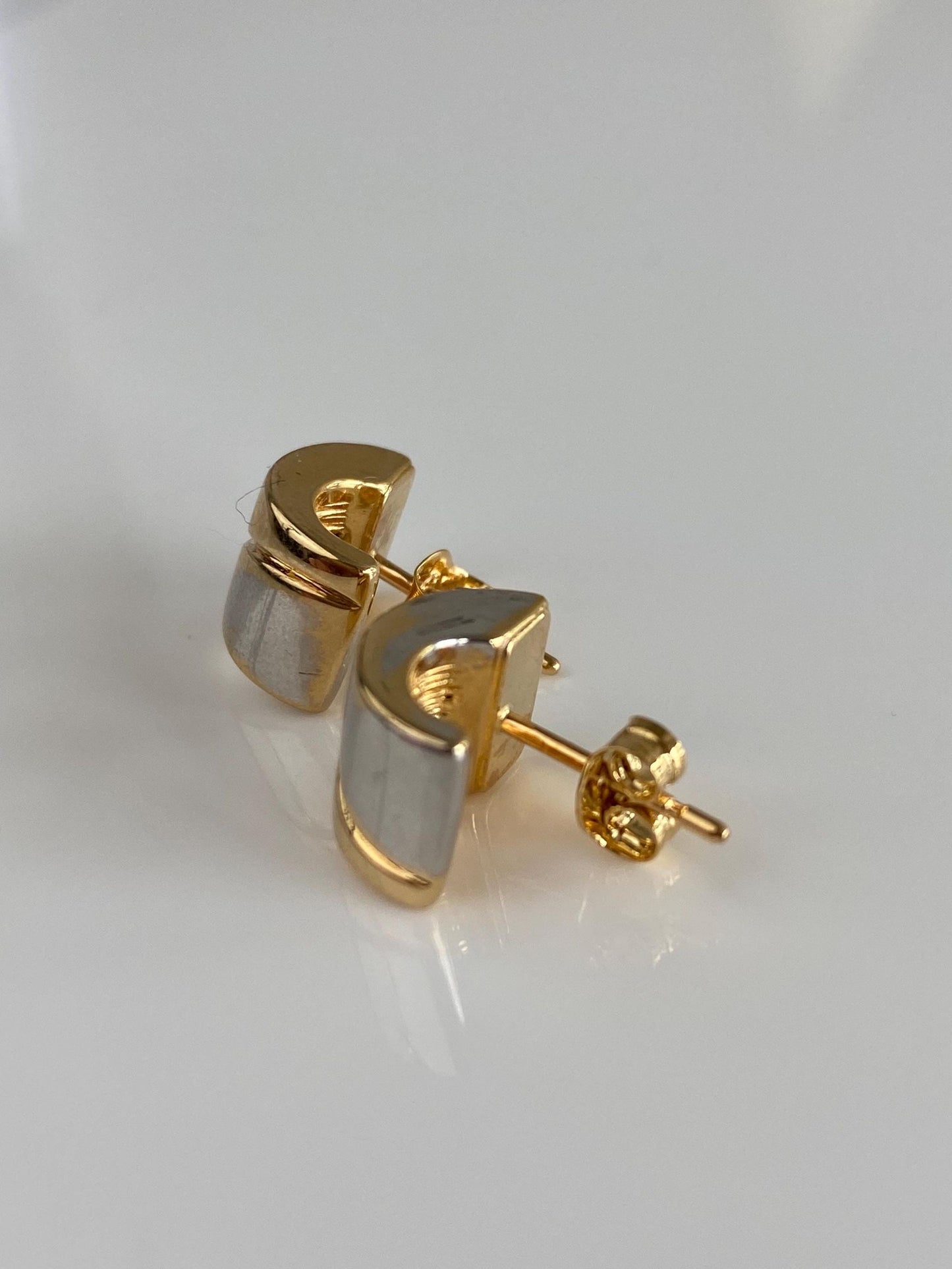 Vintage 18k White & Yellow Gold Wide Hoop Stud Earrings