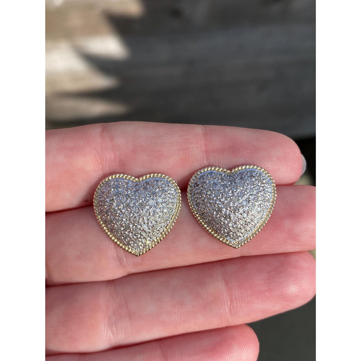 Vintage Solid 14k White & Yellow Gold Diamond Heart Stud Earrings