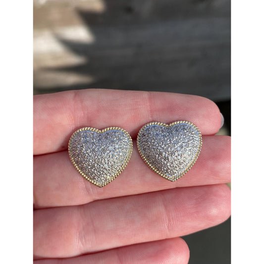 Vintage Solid 14k White & Yellow Gold Diamond Heart Stud Earrings
