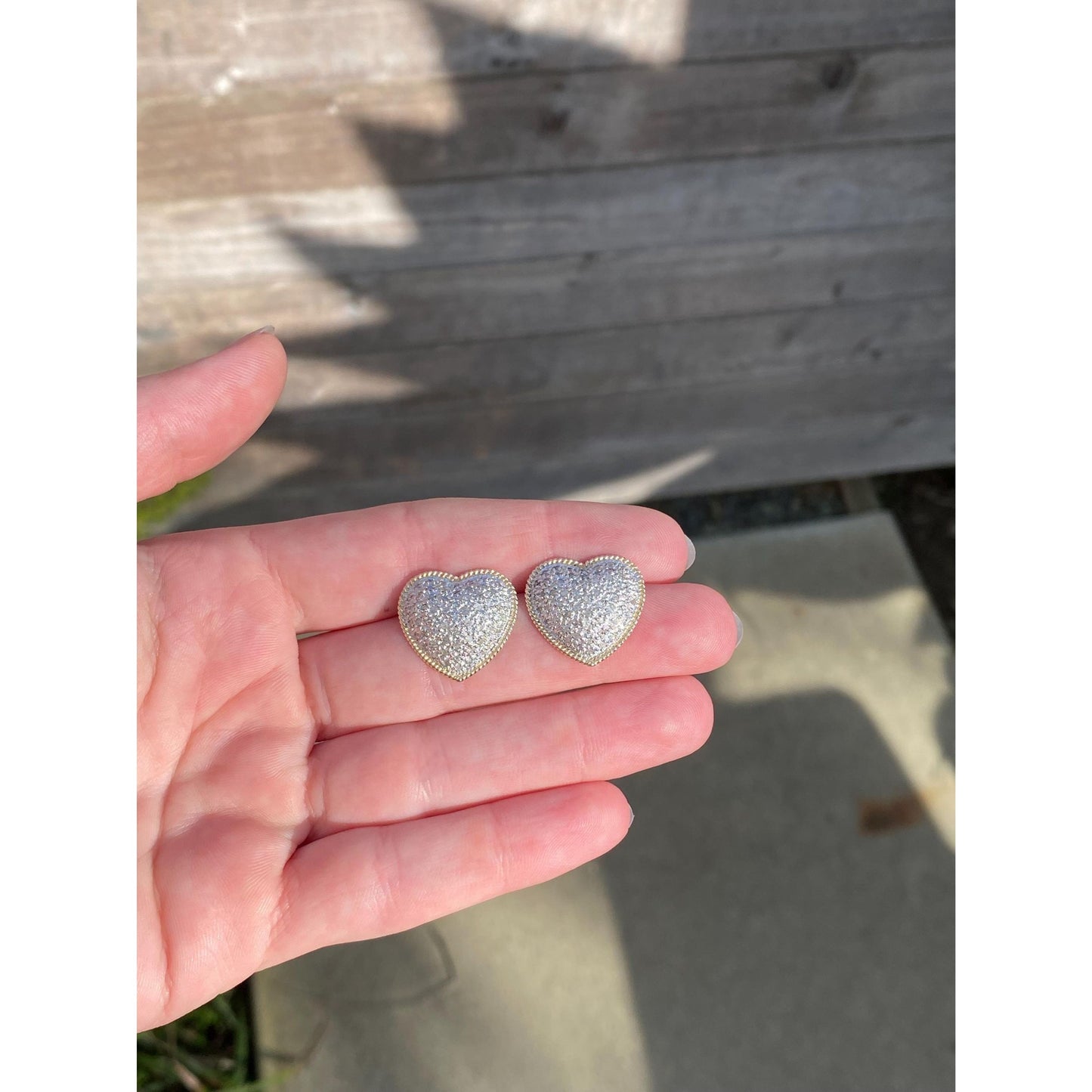 Vintage Solid 14k White & Yellow Gold Diamond Heart Stud Earrings