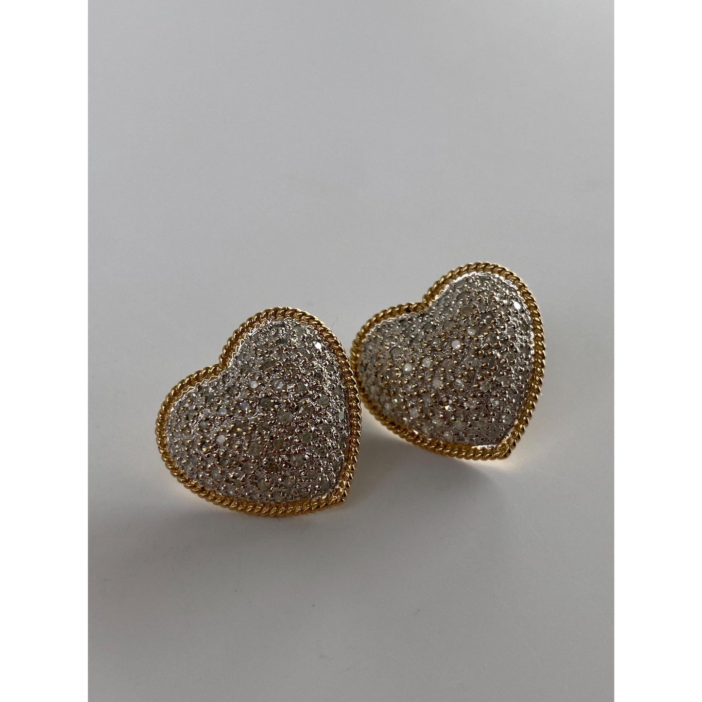 Vintage Solid 14k White & Yellow Gold Diamond Heart Stud Earrings