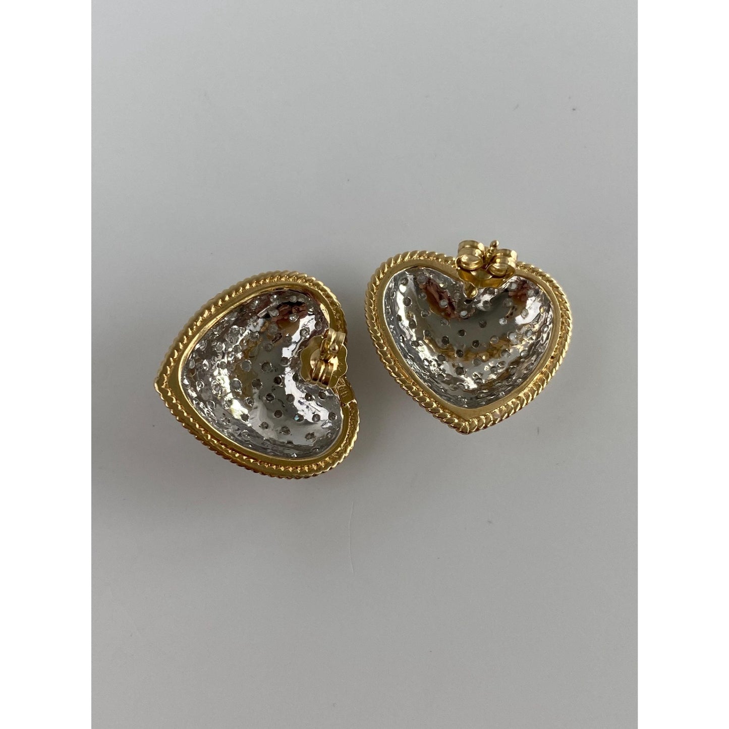 Vintage Solid 14k White & Yellow Gold Diamond Heart Stud Earrings