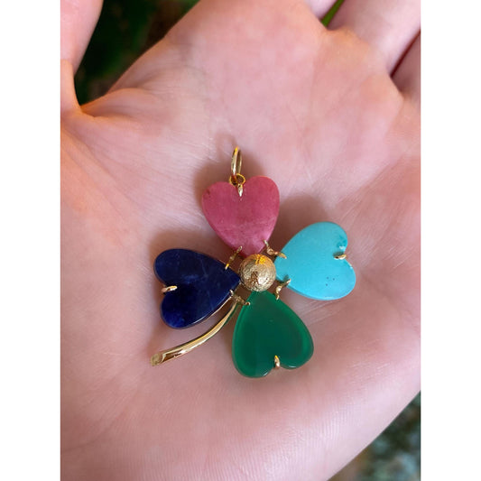 Vintage Solid 14k Yellow Gold Colored Stone 4 Leaf Clover Charm