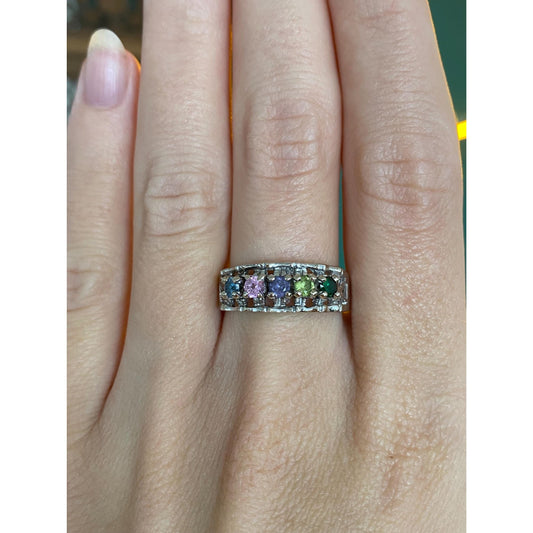Vintage Solid 10k White Gold Aquamarine Pink Sapphire Amethyst Peridot Emerald Ring Band - Size 8.25
