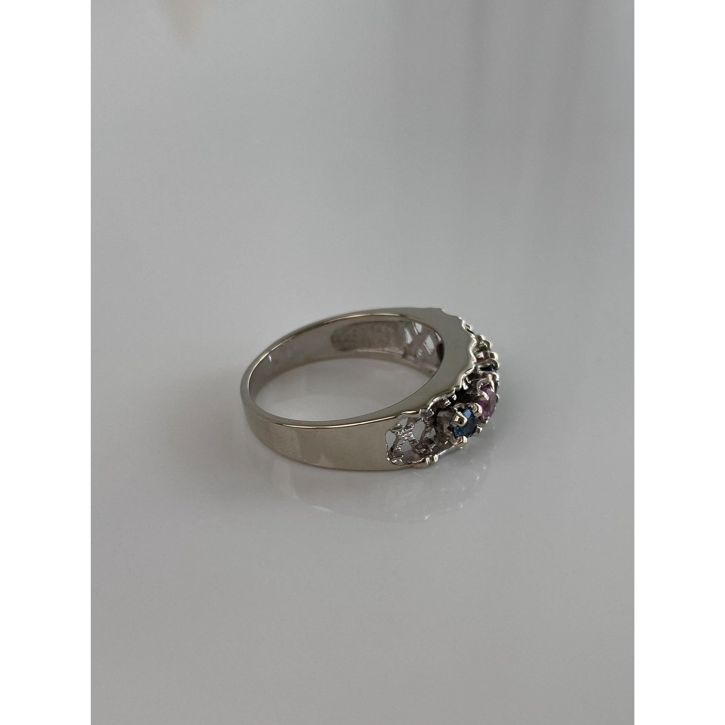 Vintage Solid 10k White Gold Aquamarine Pink Sapphire Amethyst Peridot Emerald Ring Band - Size 8.25