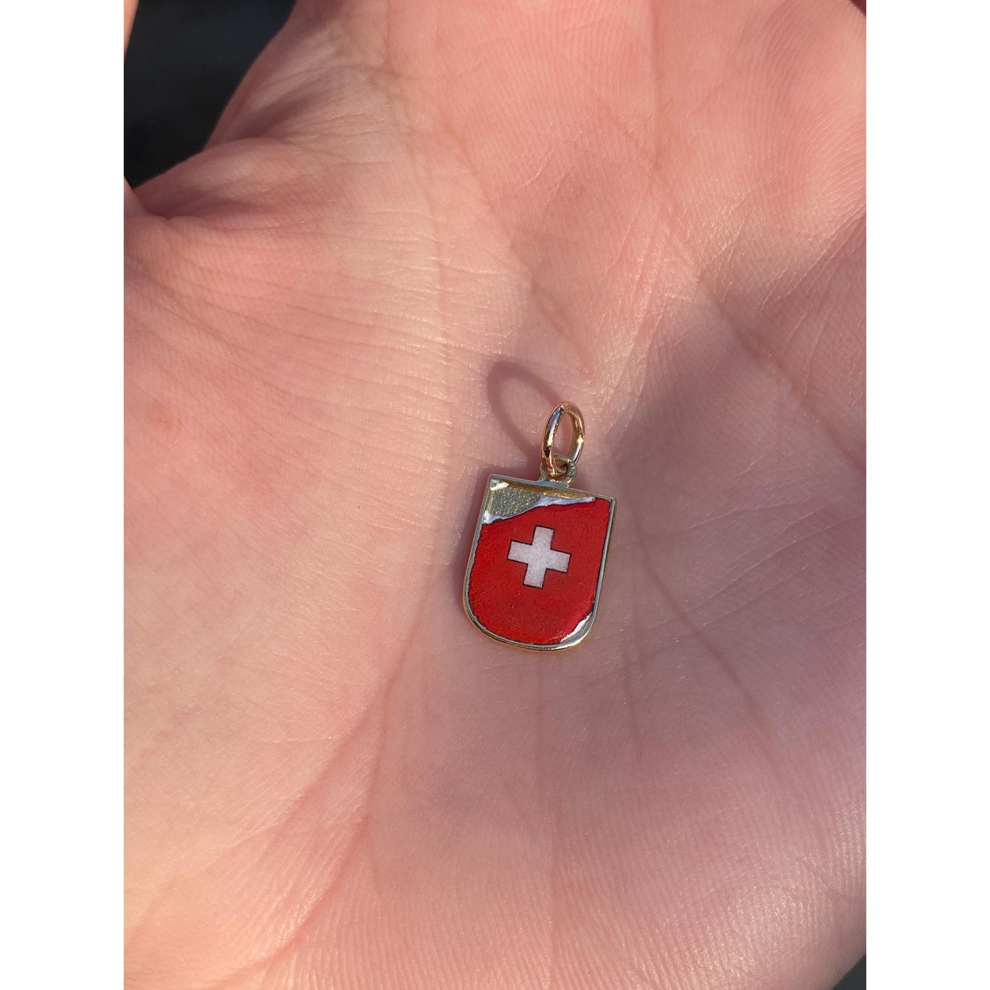 Vintage Solid 18k Yellow Gold Enamel Swiss Flag Charm