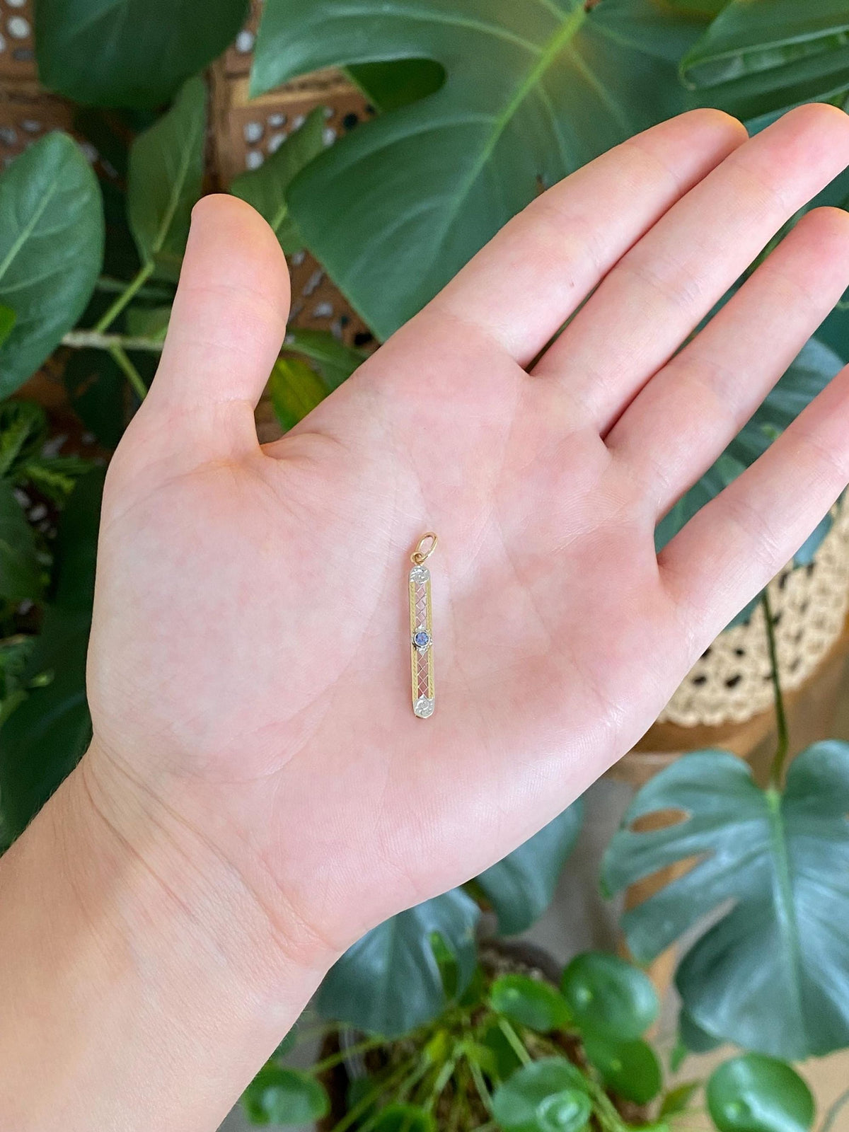 Vintage Solid 10k White & Yellow Gold Blue Sapphire Bar Charm