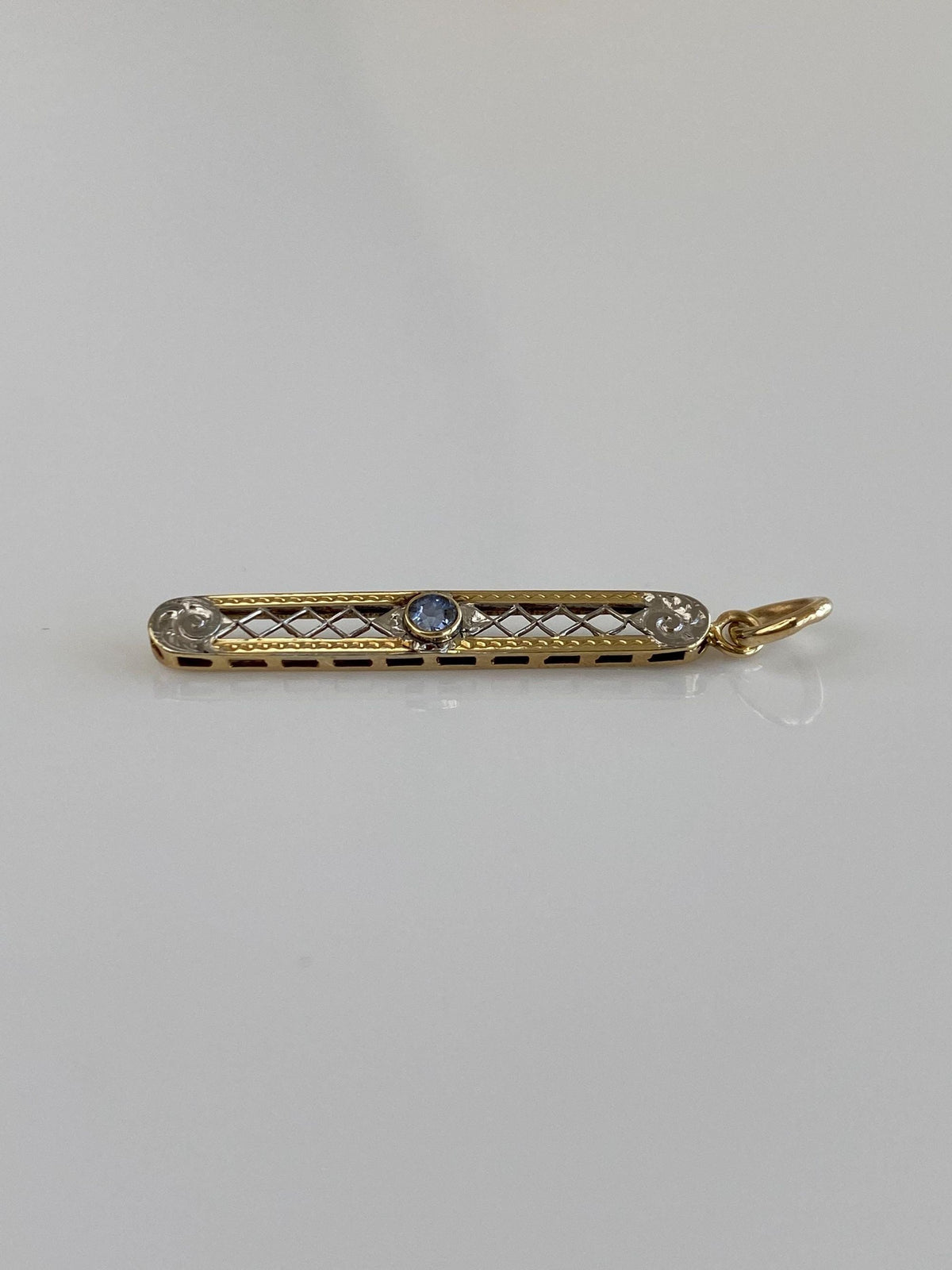 Vintage Solid 10k White & Yellow Gold Blue Sapphire Bar Charm