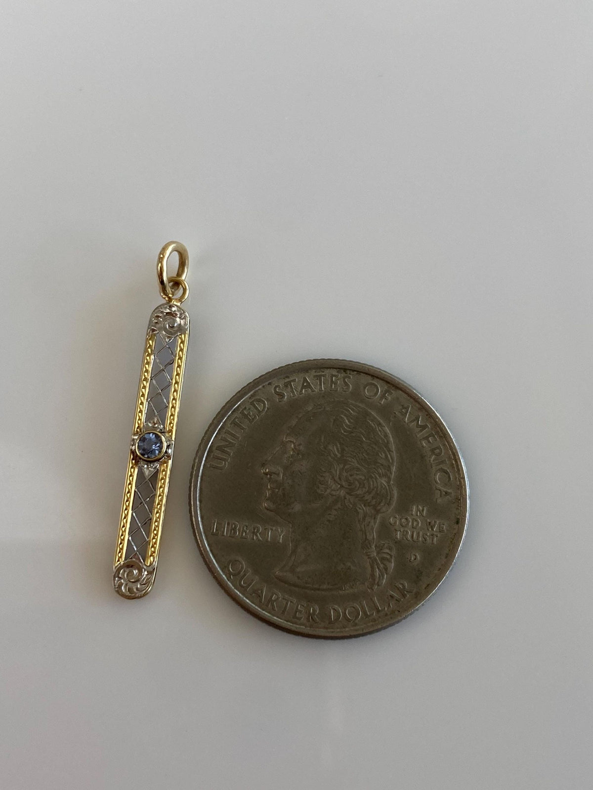 Vintage Solid 10k White & Yellow Gold Blue Sapphire Bar Charm