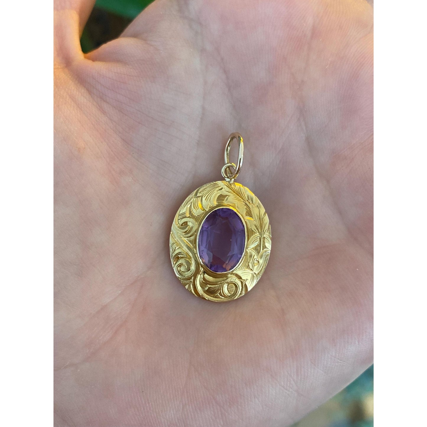 Vintage Solid 14k Yellow Gold Engraved Amethyst Pin Conversion Charm