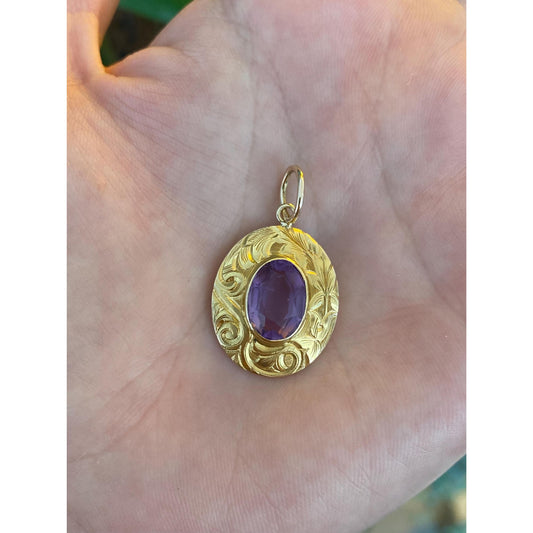 Vintage Solid 14k Yellow Gold Engraved Amethyst Pin Conversion Charm