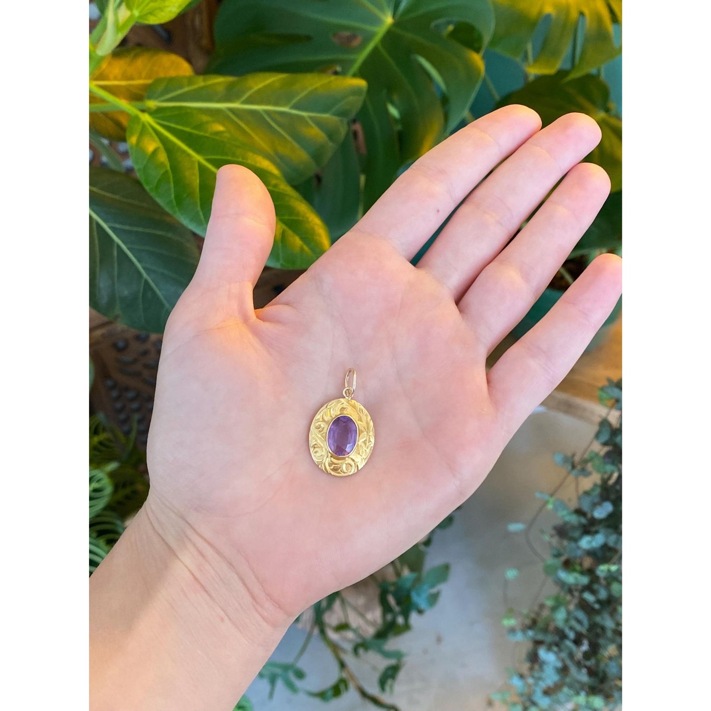 Vintage Solid 14k Yellow Gold Engraved Amethyst Pin Conversion Charm