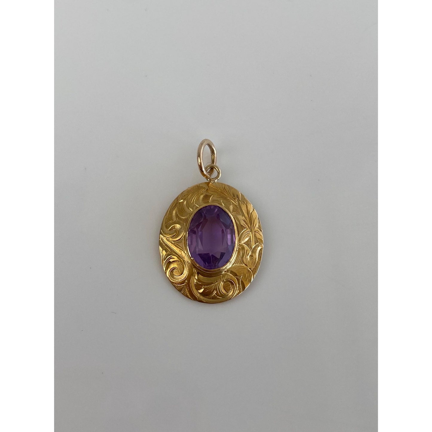 Vintage Solid 14k Yellow Gold Engraved Amethyst Pin Conversion Charm