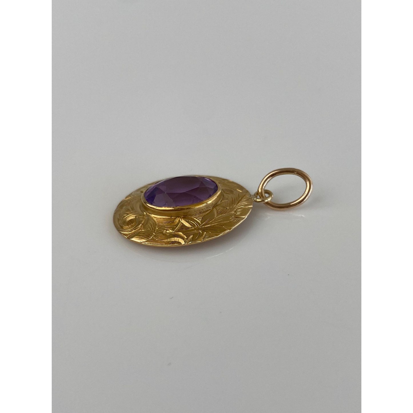 Vintage Solid 14k Yellow Gold Engraved Amethyst Pin Conversion Charm