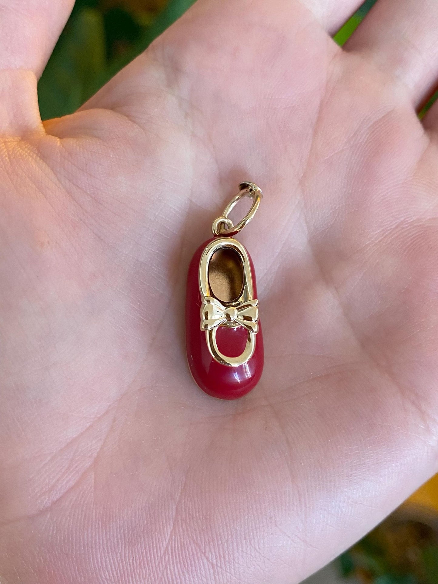 Vintage Solid 14k Yellow Gold Red Enamel Baby Shoe Charm