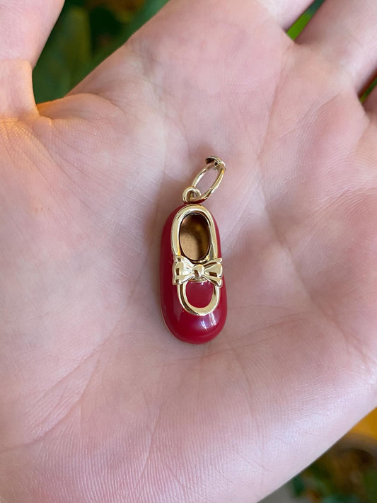 Vintage Solid 14k Yellow Gold Red Enamel Baby Shoe Charm