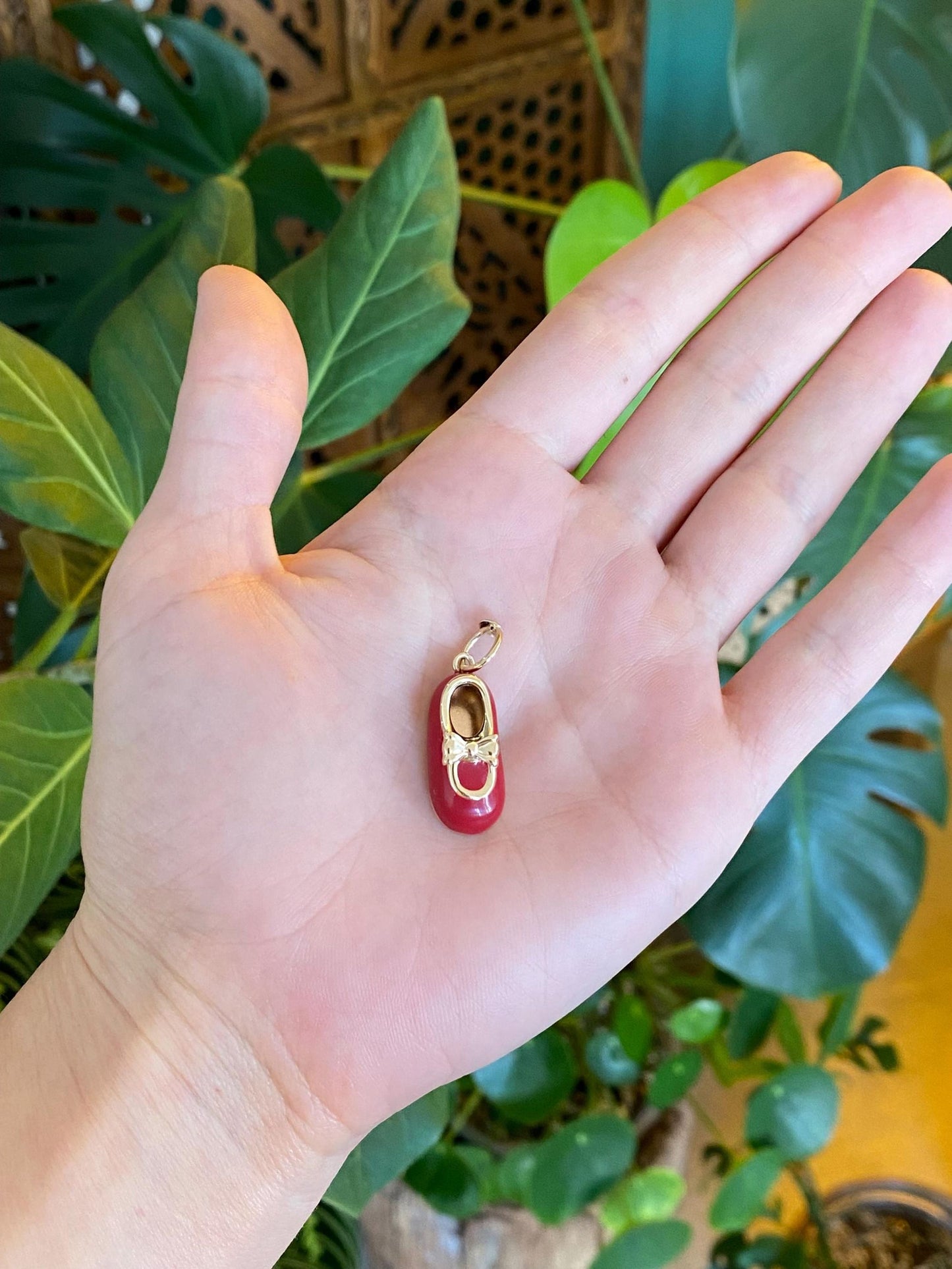 Vintage Solid 14k Yellow Gold Red Enamel Baby Shoe Charm