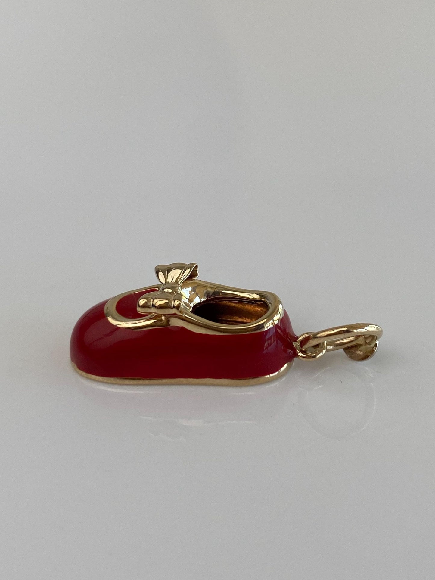 Vintage Solid 14k Yellow Gold Red Enamel Baby Shoe Charm