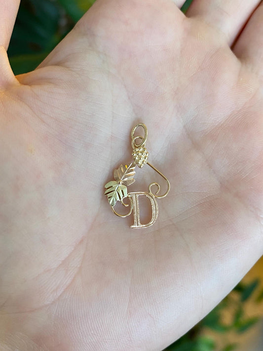 Vintage Solid 10k Black Hills Gold Grapes Leaves Initial 'D' Charm
