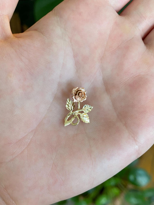 Vintage Solid 14k Rose & Green Gold Diamond Cut Rose Charm