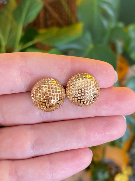 Vintage Solid 14k Yellow Gold Woven Open Work Domed Stud Earrings