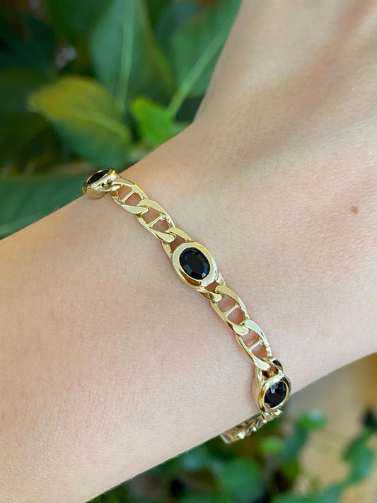 Vintage Solid 14k Yellow Gold Black Onyx Mariner Link Bracelet - 7 inches