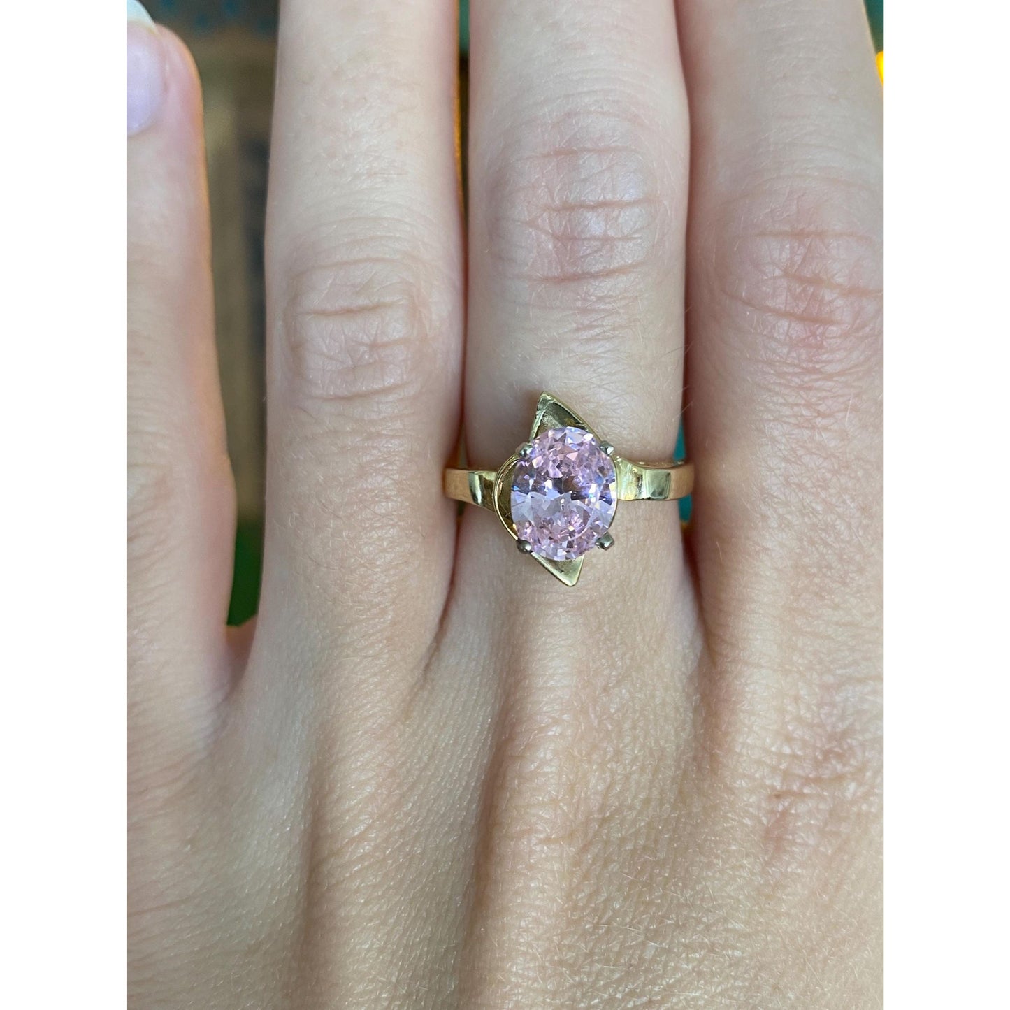 Vintage Solid 14k Yellow Gold Pink Cubic Zirconia Ring - Size 6
