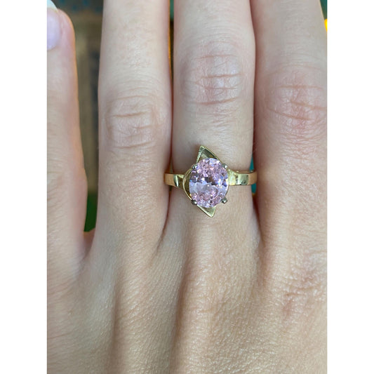 Vintage Solid 14k Yellow Gold Pink Cubic Zirconia Ring - Size 6