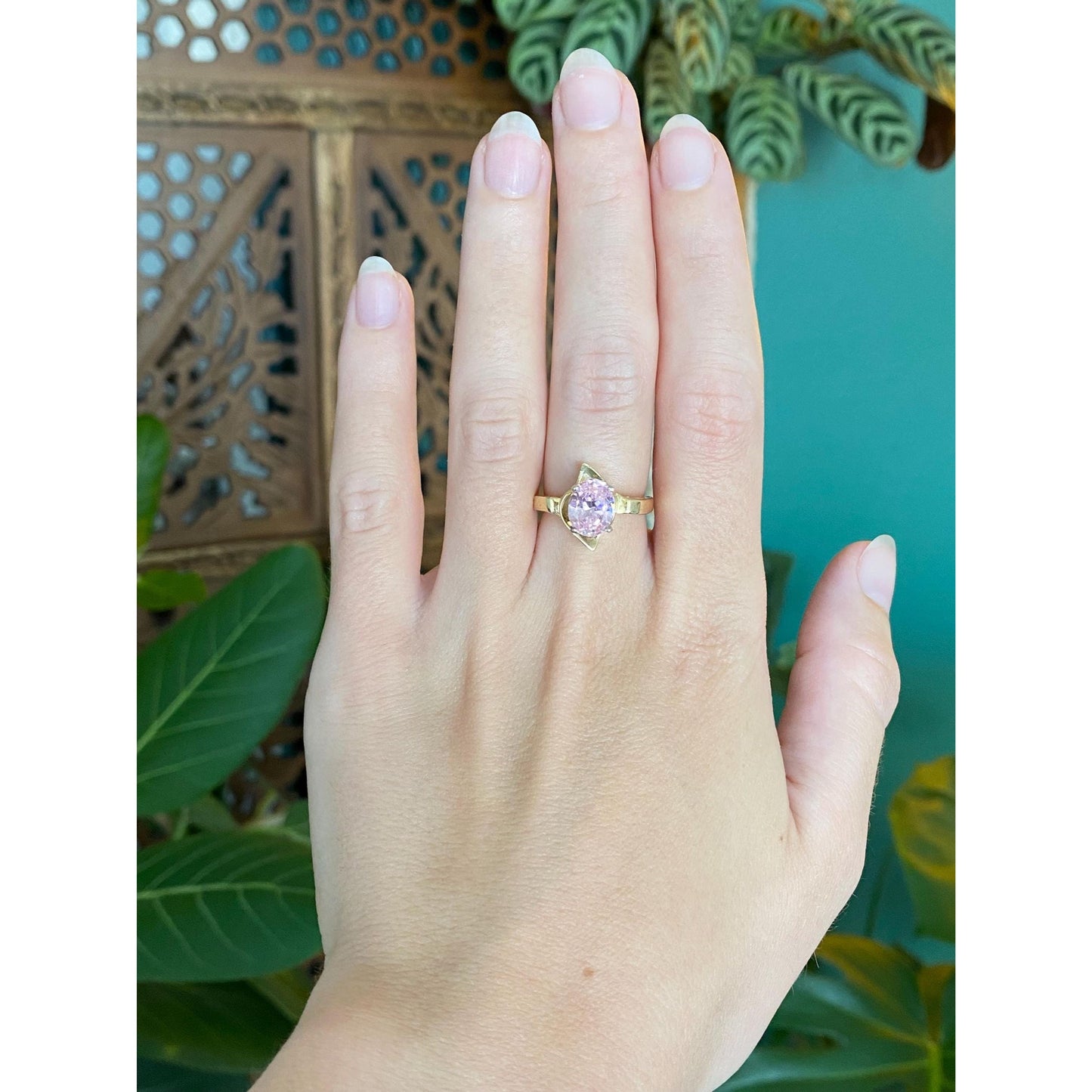 Vintage Solid 14k Yellow Gold Pink Cubic Zirconia Ring - Size 6