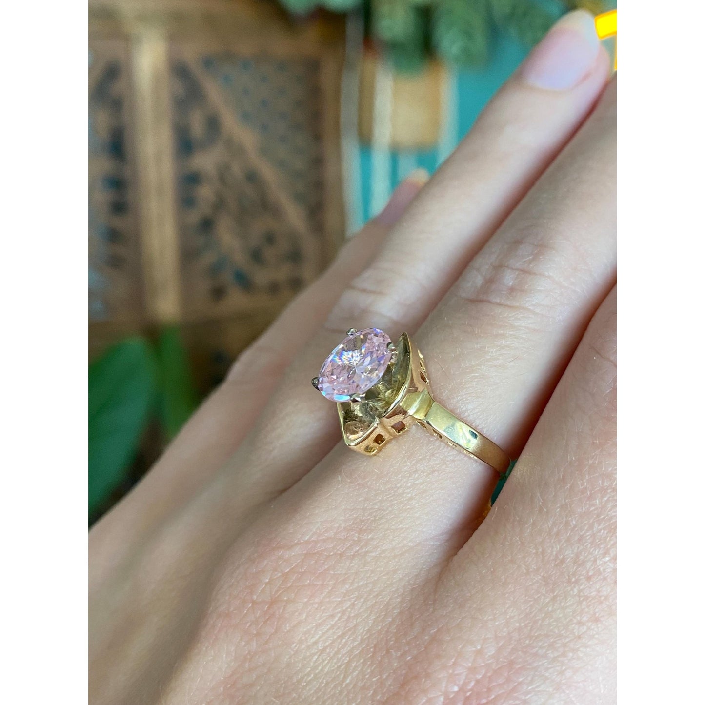 Vintage Solid 14k Yellow Gold Pink Cubic Zirconia Ring - Size 6