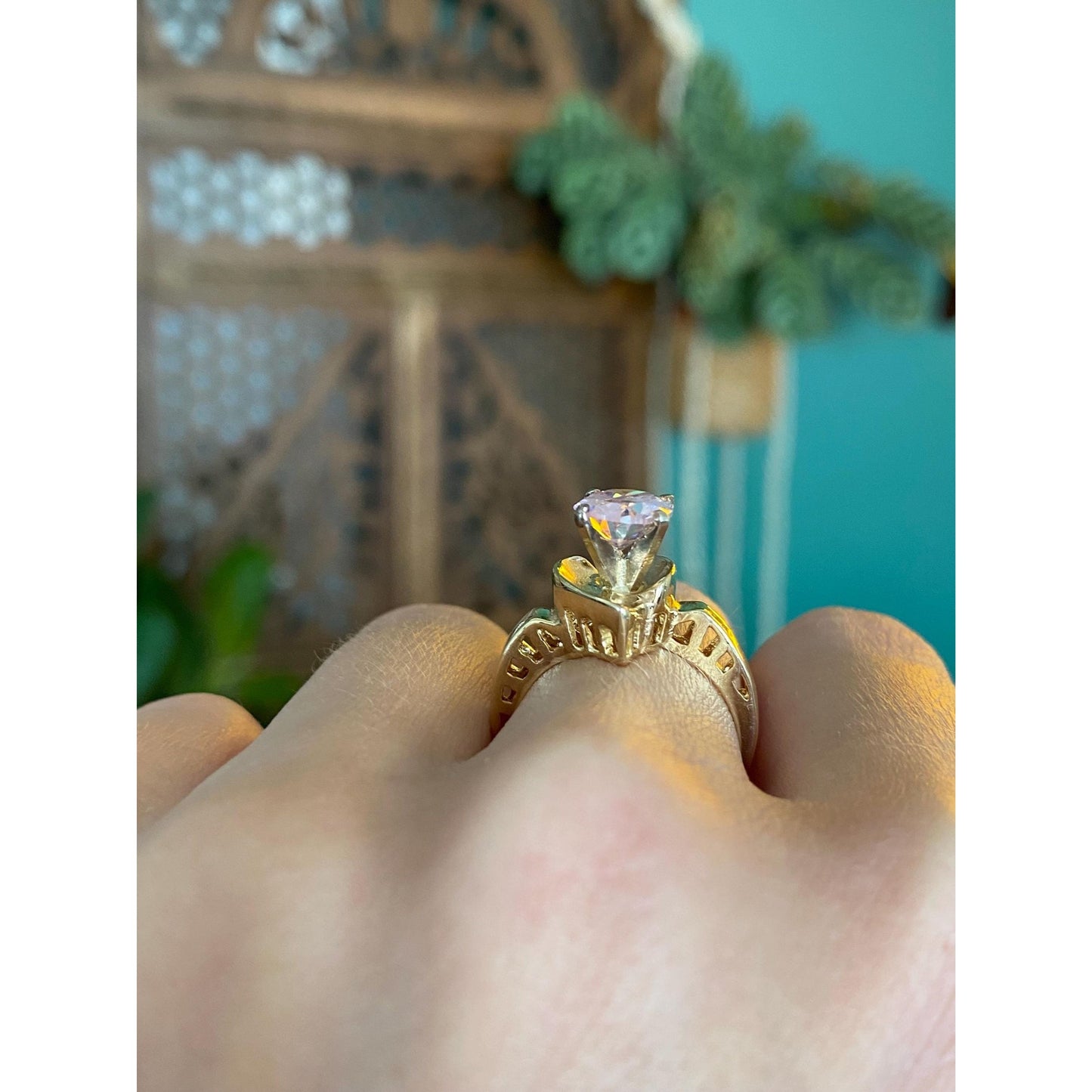 Vintage Solid 14k Yellow Gold Pink Cubic Zirconia Ring - Size 6