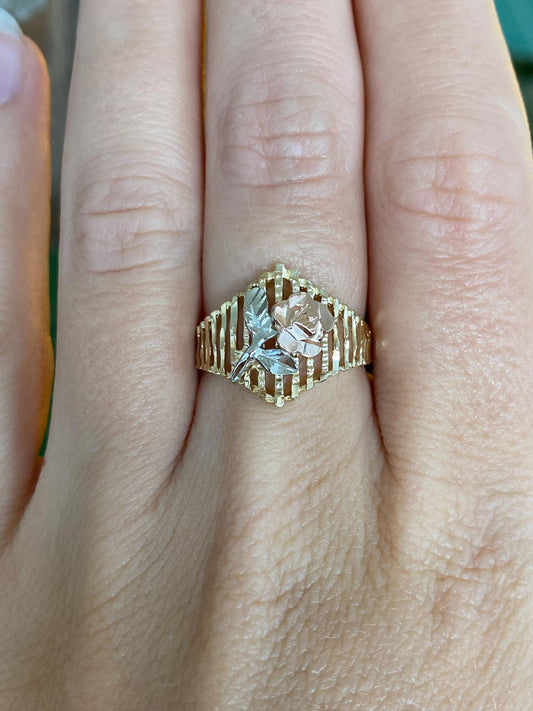 Vintage Solid 10k Tri Tone Gold Diamond Cut Rose Open Work Ring - Size 6.75