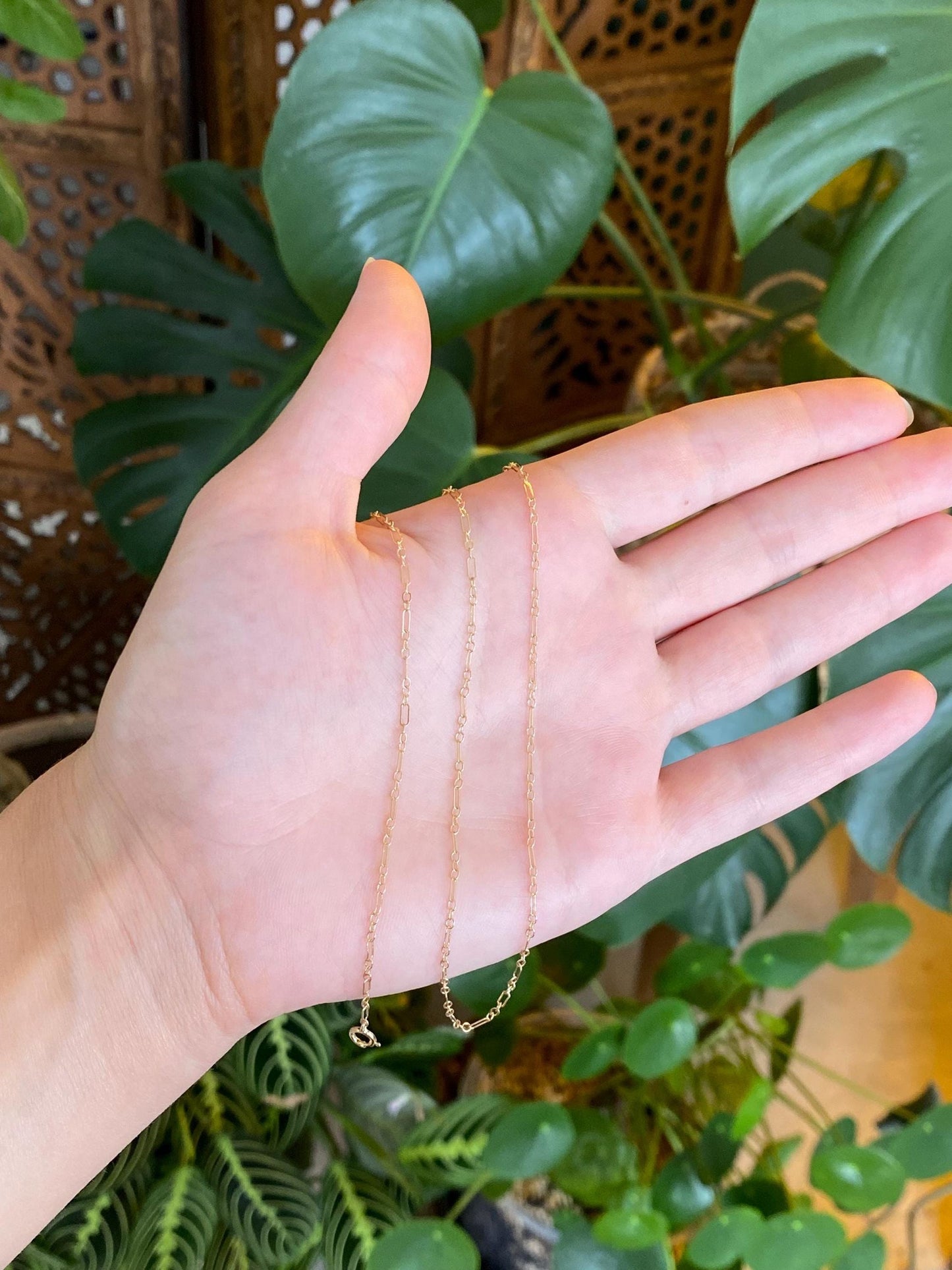 Vintage Solid 14k Yellow Gold Dainty Albert Trombone Link Chain Necklace - 18 inches