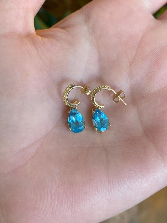 Vintage Solid 14k Yellow Gold Topaz Teardrop Mini Hoop Earrings