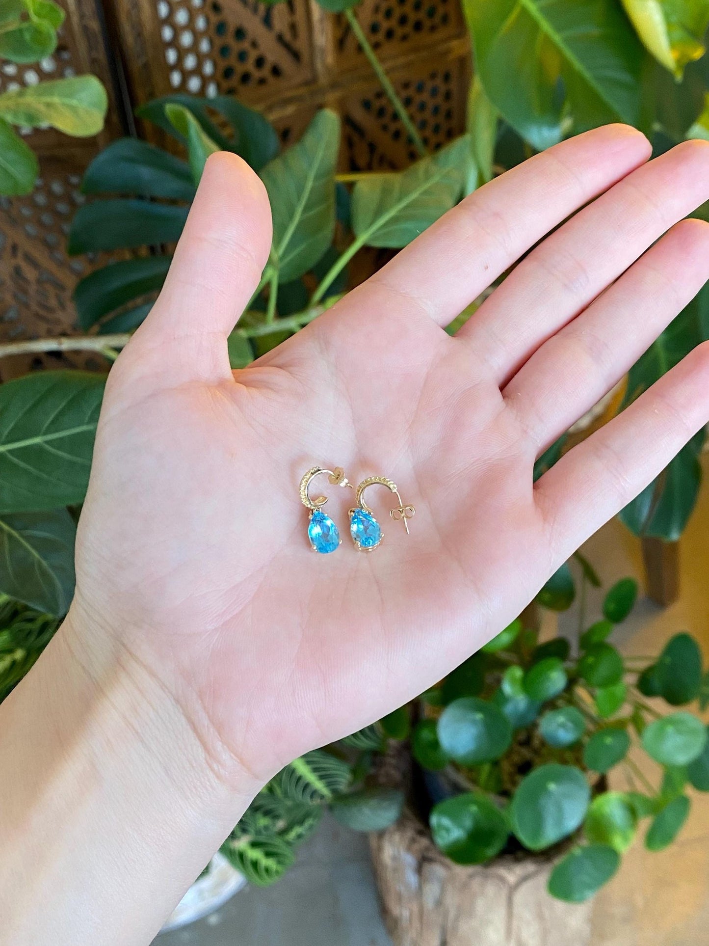 Vintage Solid 14k Yellow Gold Topaz Teardrop Mini Hoop Earrings