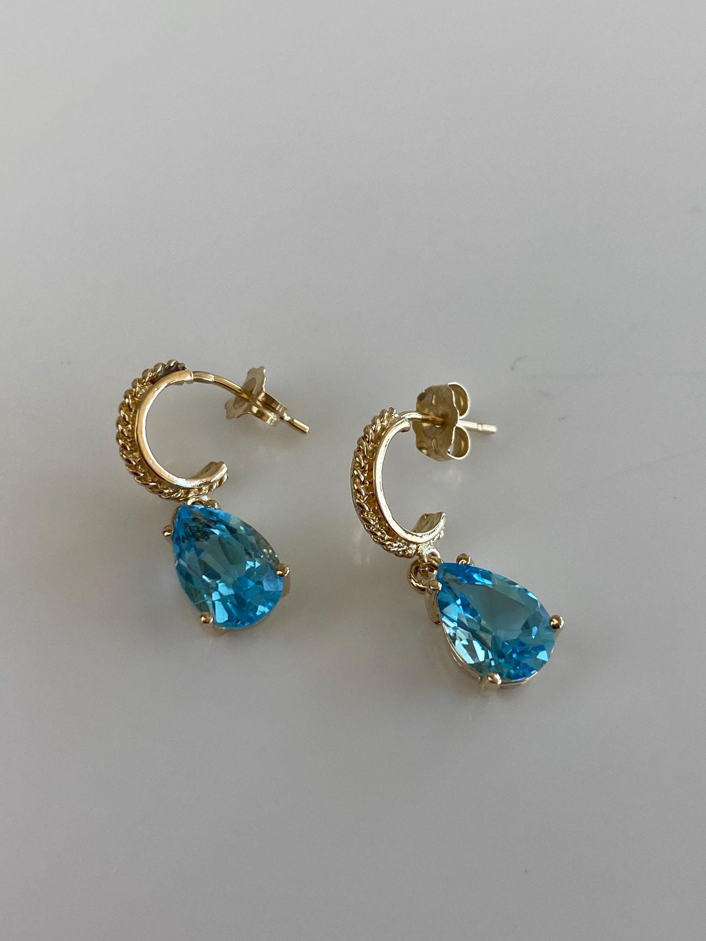Vintage Solid 14k Yellow Gold Topaz Teardrop Mini Hoop Earrings