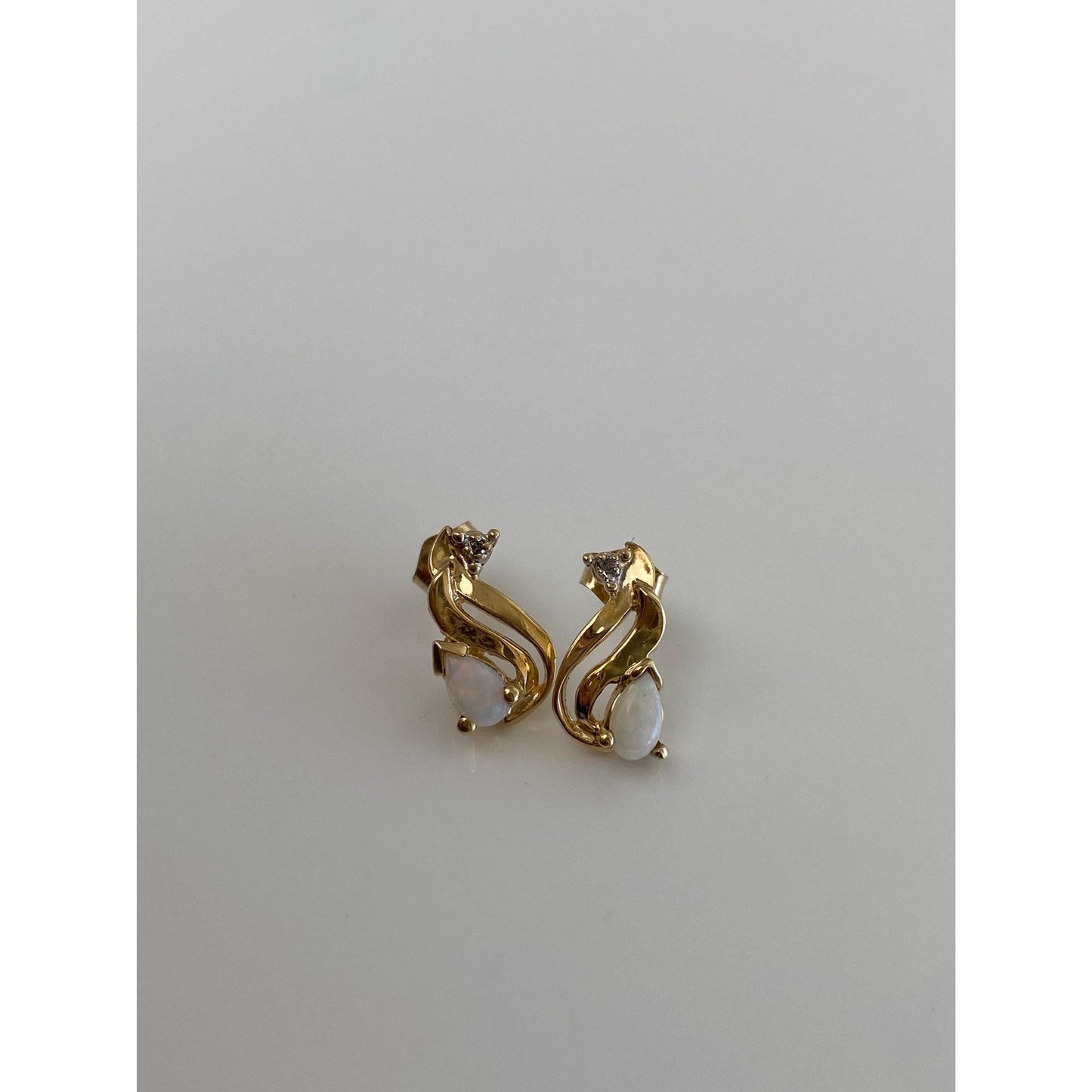 Vintage Solid 14k Yellow Gold Opal Clear Sapphire Stud Earrings