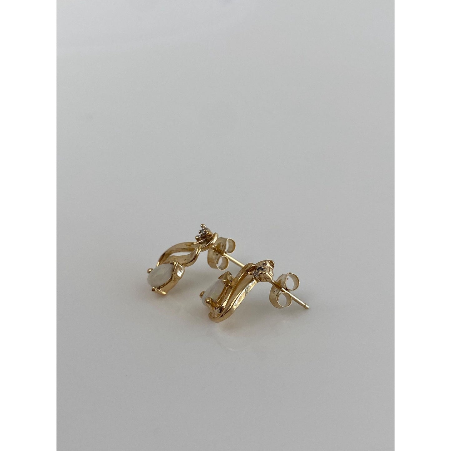 Vintage Solid 14k Yellow Gold Opal Clear Sapphire Stud Earrings