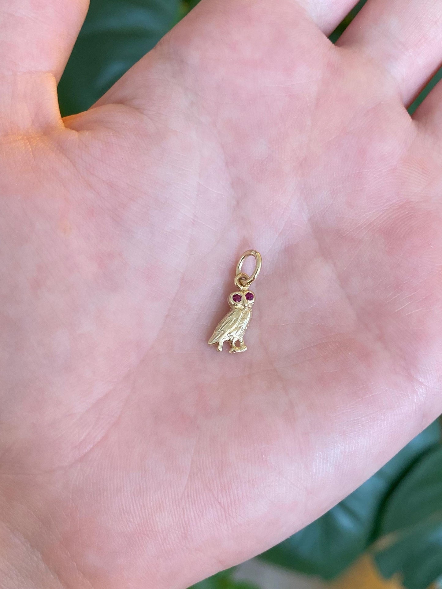 Vintage Solid 14k Yellow Gold Ruby Eyes Owl Charm