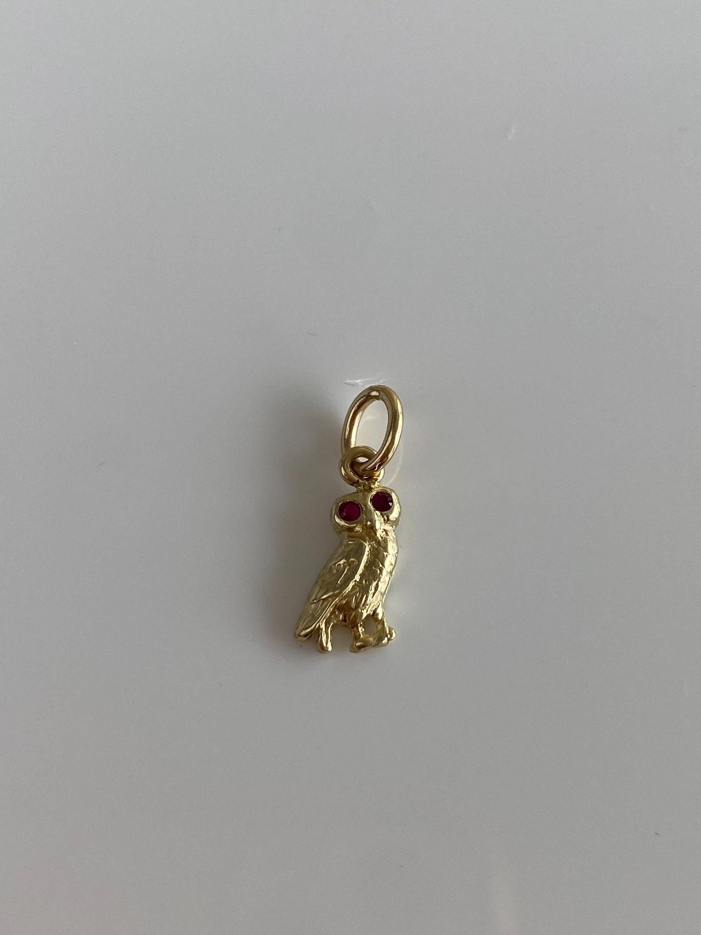 Vintage Solid 14k Yellow Gold Ruby Eyes Owl Charm