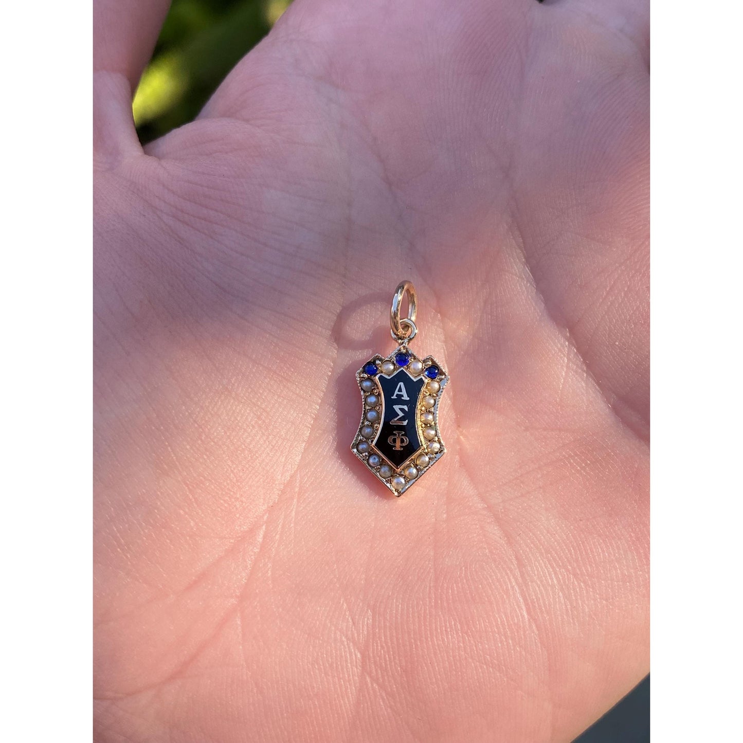 Vintage Solid 14k Yellow Gold Seed Pearl Black Enamel Fraternity Charm