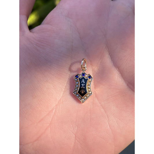 Vintage Solid 14k Yellow Gold Seed Pearl Black Enamel Fraternity Charm